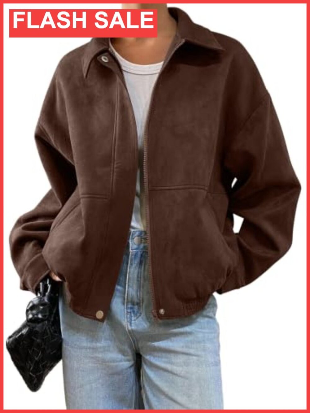Faux Suede Bomber Jacket Oversized Zip Up Cropped Coat